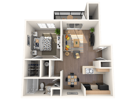 Floor plan for 1 bed, 1 bath, 670 sqft